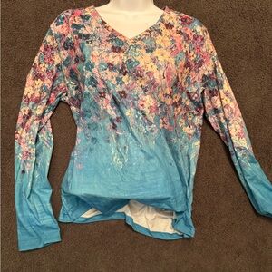 Source Unknown Floral V-Neck Blouse - Blue and Pink
